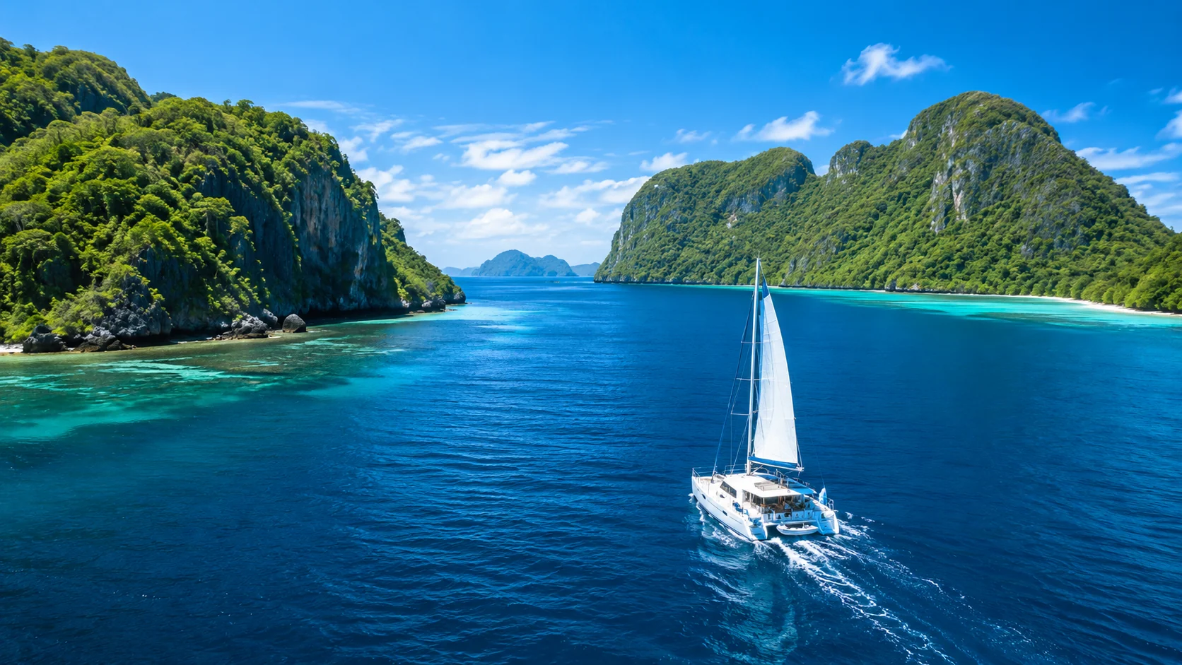 Canal atlántico azul profundo con horizonte de isla volcánica europea