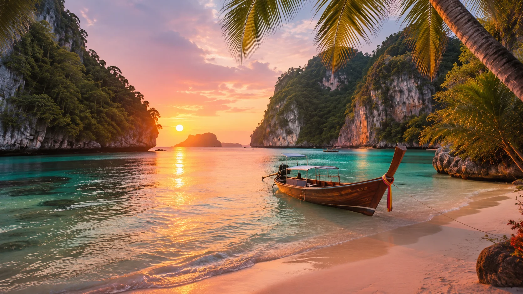 Pareja navegando entre islas europeas al atardecer